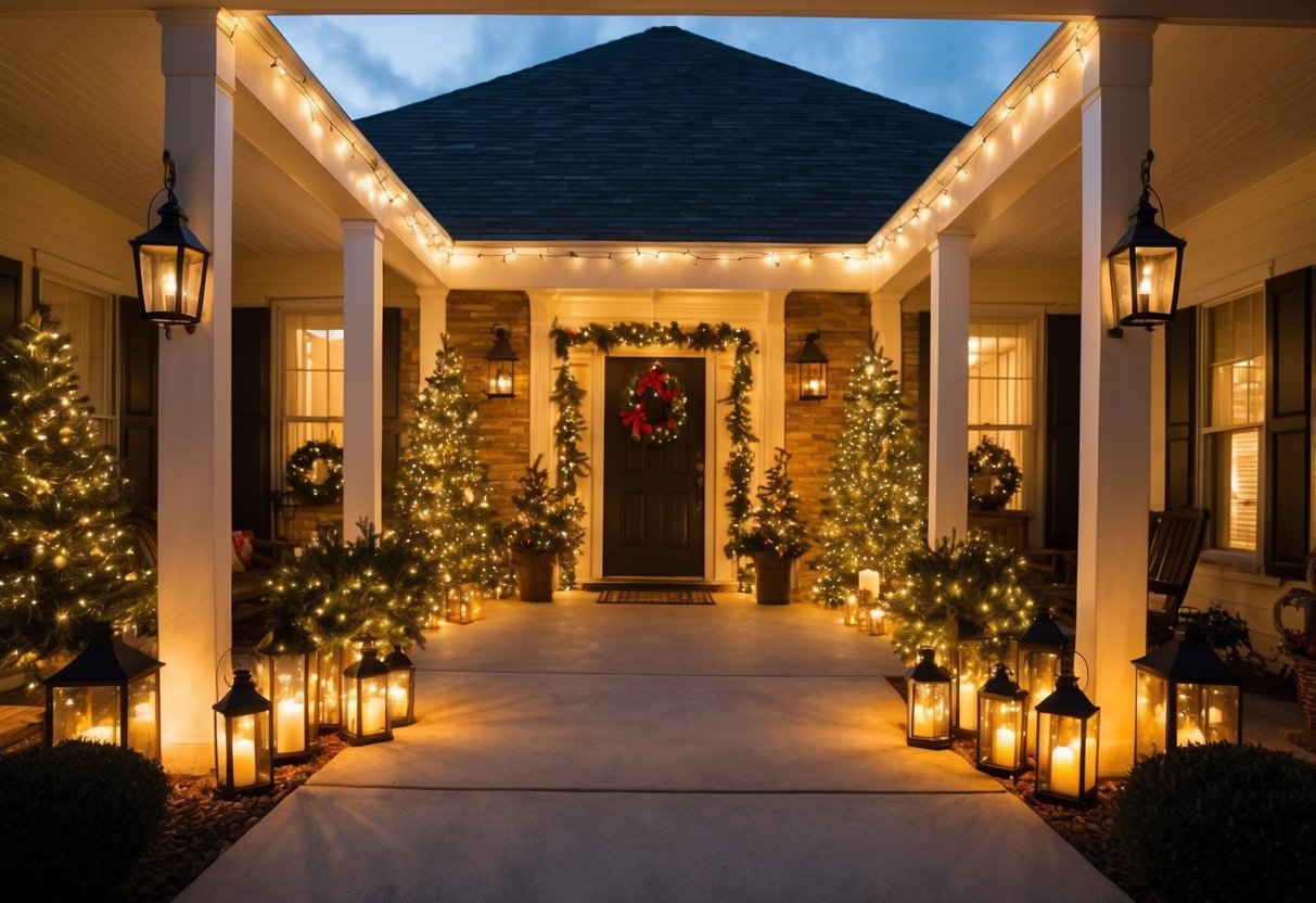 A front porch adorned with glowing Christmas lanterns and twinkling lights, creating a warm and festive outdoor decor