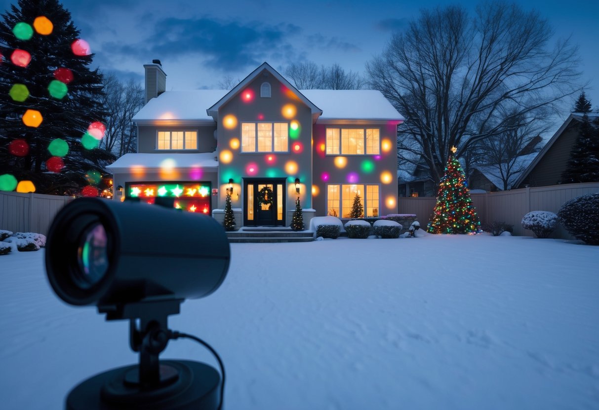 A snow-covered yard with a house in the background, illuminated by colorful Christmas projector lights casting festive patterns onto the facade and surrounding trees