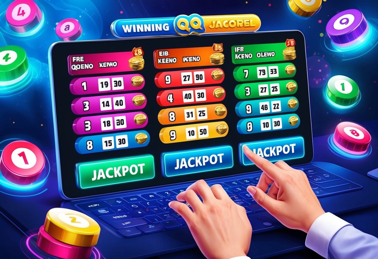 Antarmuka digital yang berwarna-warni dan hidup menampilkan nomor pemenang dan hadiah jackpot untuk permainan QQKeno Togel online