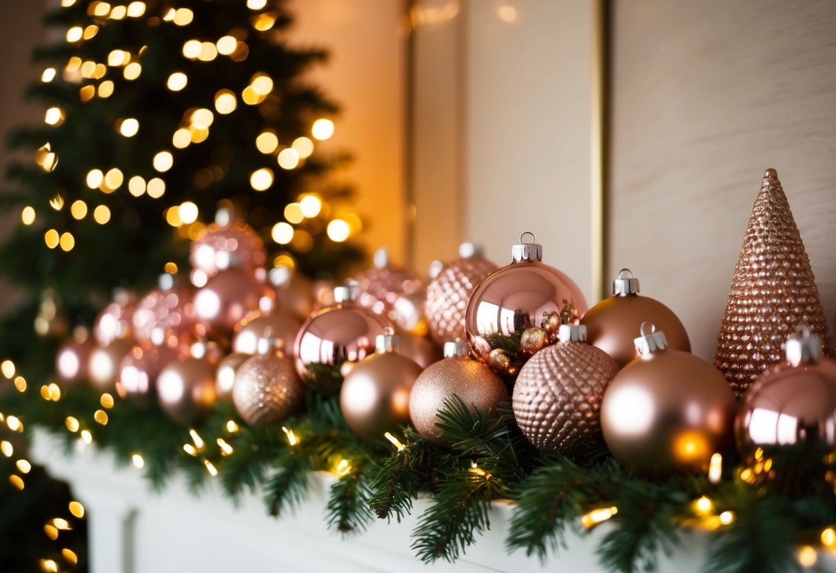 A festive display of 18 rose gold Christmas decorations arranged on a mantel, sparkling in the warm glow of twinkling lights