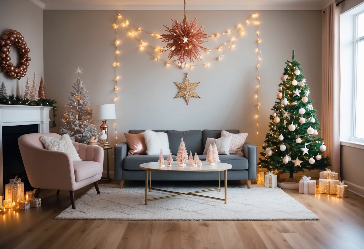 A cozy living room adorned with rose gold starry string lights and 18 delicate Christmas decorations