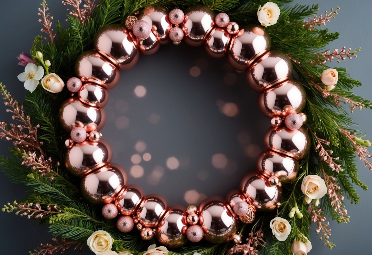 An elegant wreath adorned with rose gold Christmas decorations, surrounded by delicate floral elements