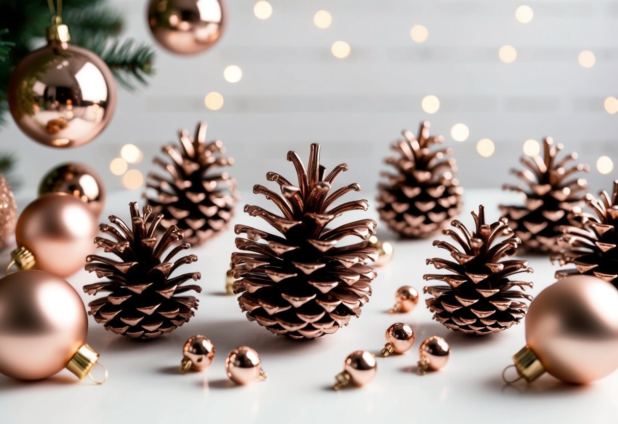 A collection of rose gold pinecone ornaments arranged on a white table, surrounded by other rose gold Christmas decorations