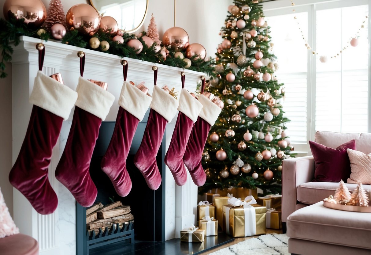 A cozy living room filled with rose gold Christmas decorations, adorned with velvet rose gold stockings hanging from the mantel