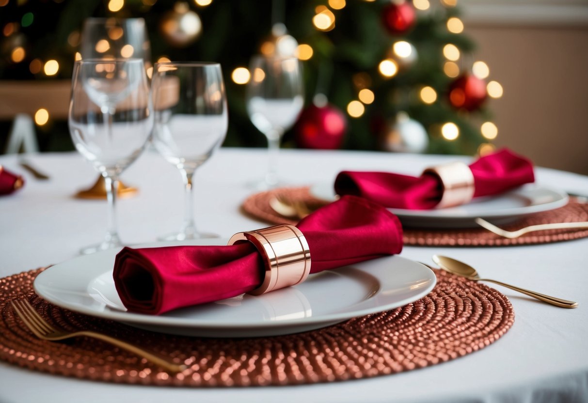 A table set with rose gold napkin rings and 18 matching Christmas decorations