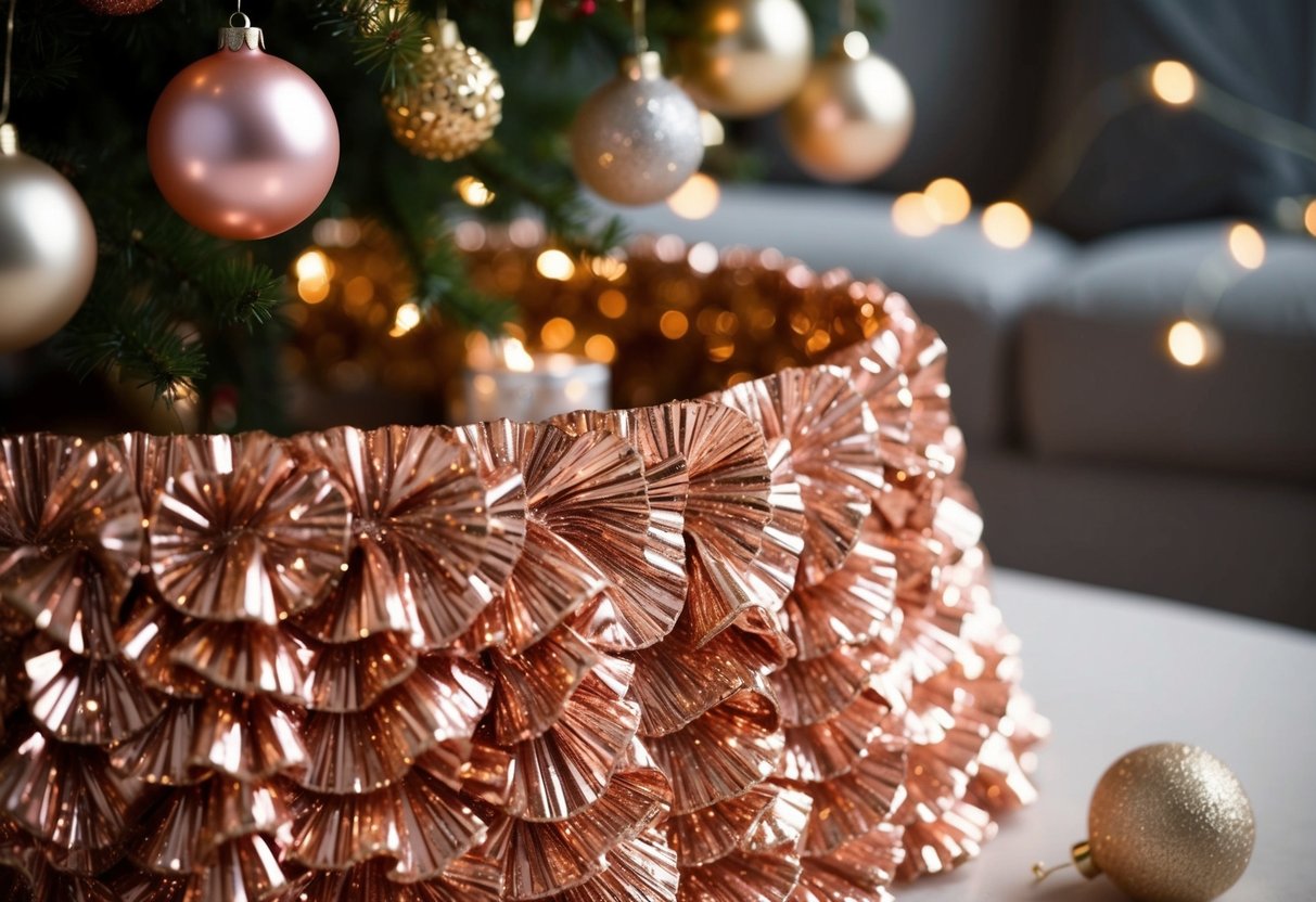 A shimmering rose gold metallic tree skirt surrounded by matching Christmas decorations