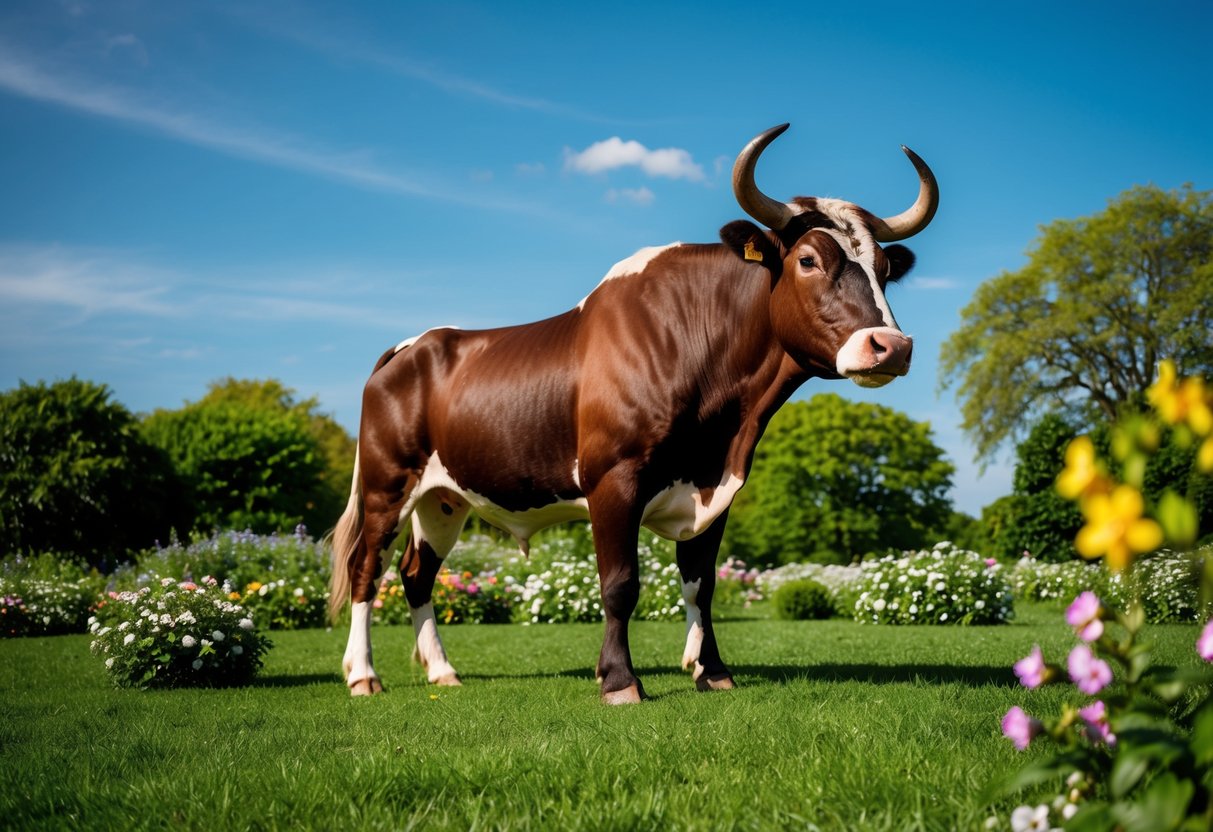 A bull with a centaur's upper body, surrounded by lush greenery and blooming flowers under a clear blue sky