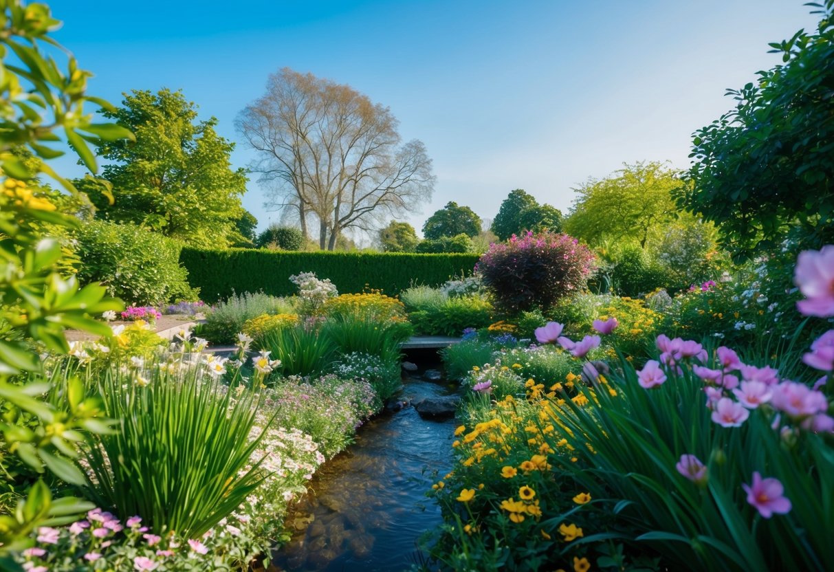 A serene garden with blooming flowers and a gentle stream, surrounded by lush greenery under a clear blue sky