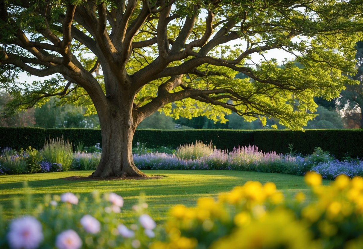 A serene garden with blooming flowers and a sturdy oak tree, symbolizing stability and sensuality, under the influence of Chiron in Taurus