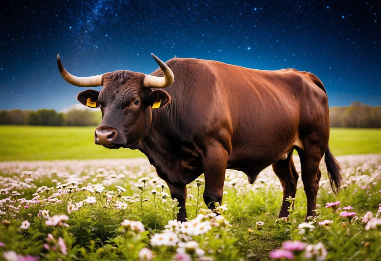 A bull standing in a field of blooming flowers under a starry night sky