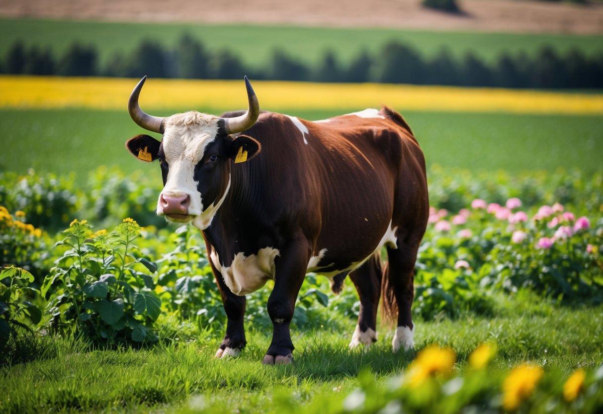 A sturdy bull standing amidst lush green fields, surrounded by blooming flowers and abundant harvests