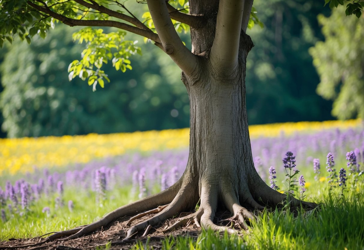 A sturdy tree stands tall in a field of blooming flowers, its roots firmly anchored in the earth. A sense of stability and resilience emanates from the scene, symbolizing Chiron in Taurus overcoming fear of loss