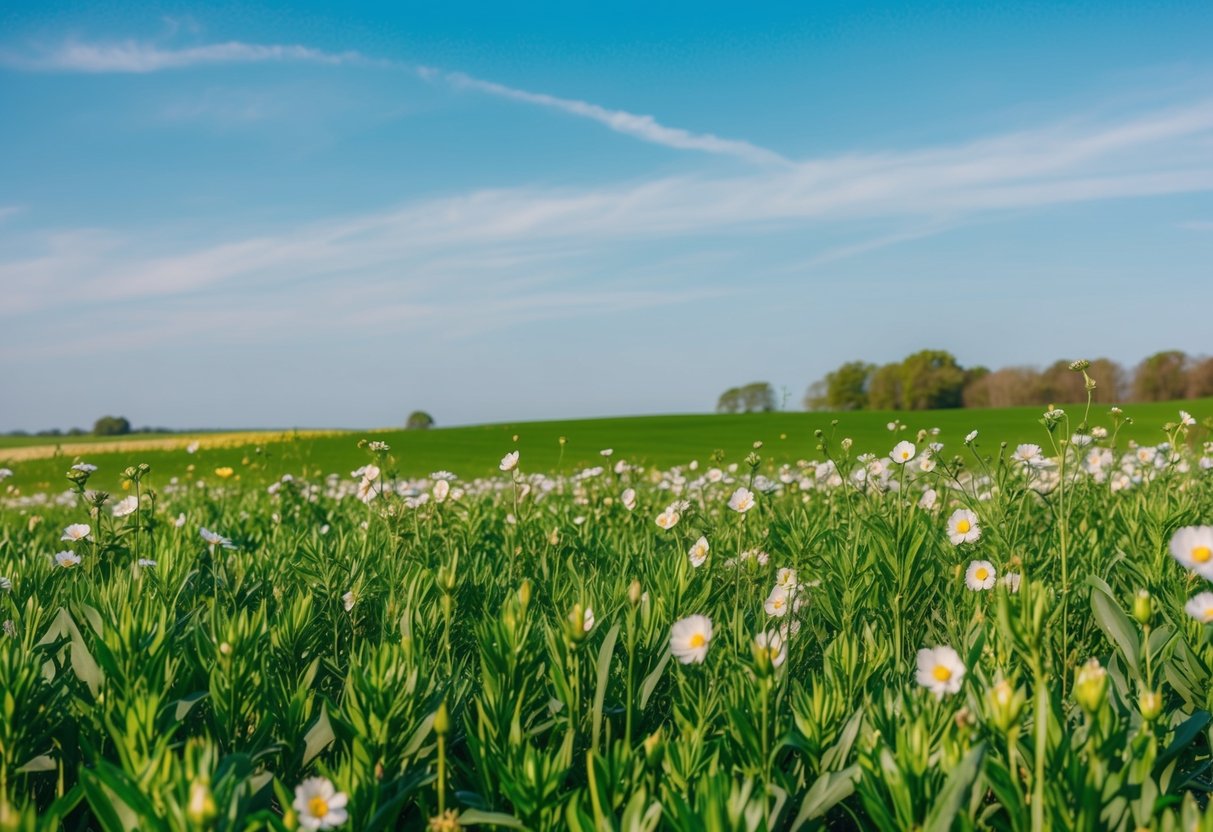 A lush green field with blooming flowers, a clear blue sky, and a gentle breeze. A sense of tranquility and contentment radiates from the landscape