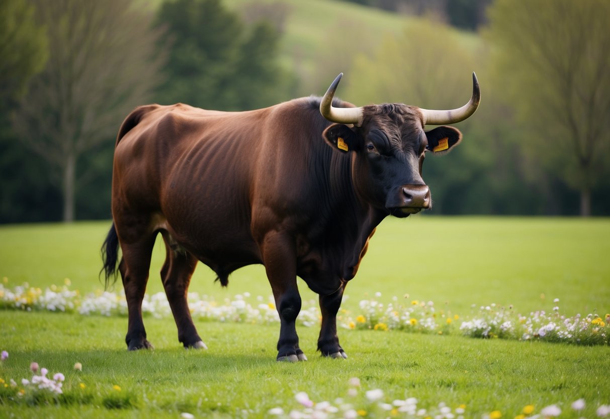 A bull calmly standing on a lush green field, surrounded by blooming flowers and a sense of groundedness and stability