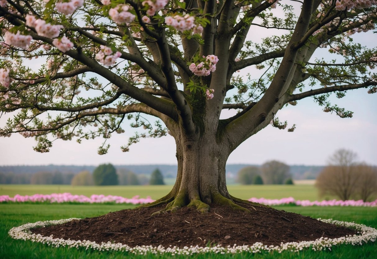 Un arbre robuste enraciné dans un sol riche, entouré de fleurs épanouies et d'un paysage tranquille et immuable.