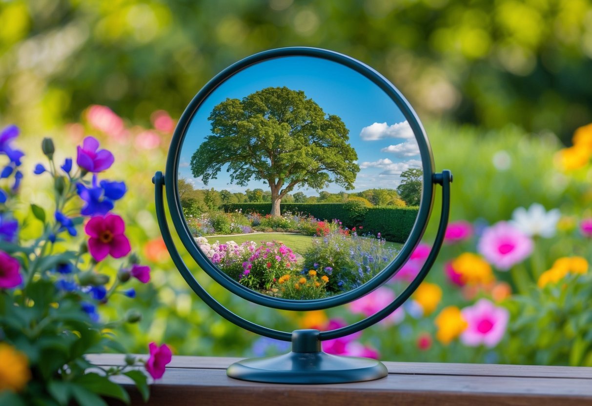 A mirror reflecting a blooming garden with vibrant flowers and a sturdy oak tree, symbolizing the impact of Chiron in Taurus on body image