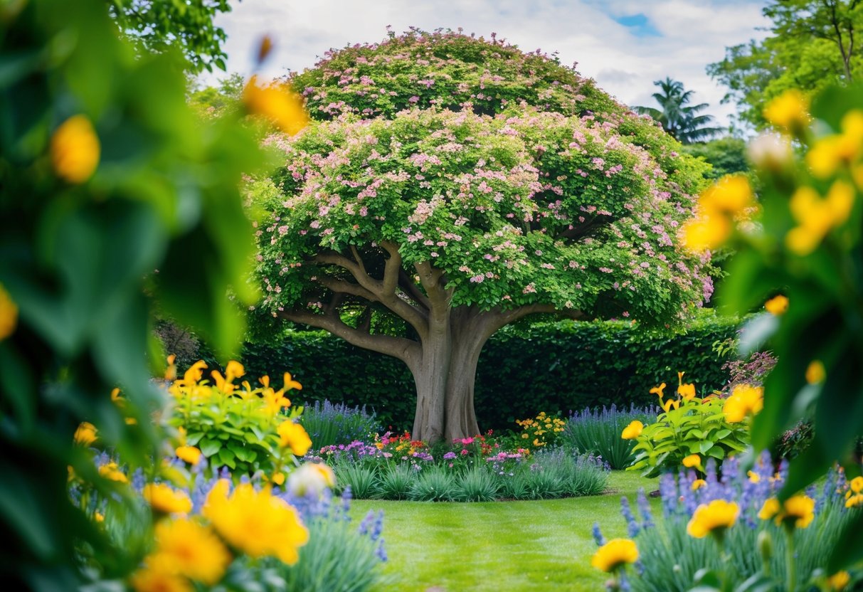 A blooming garden with a strong, grounded tree surrounded by lush greenery and vibrant flowers, exuding a sense of stability and self-worth