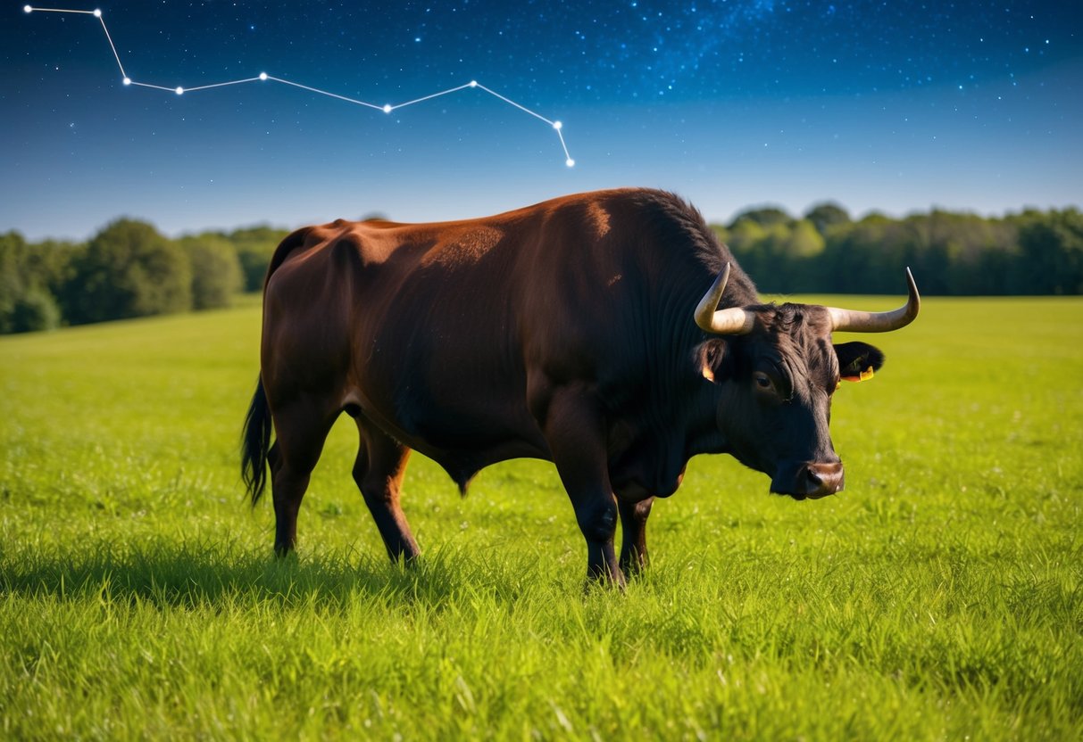 A serene bull grazing in a lush, green field under a clear, starry sky. The constellation of Taurus visible in the background