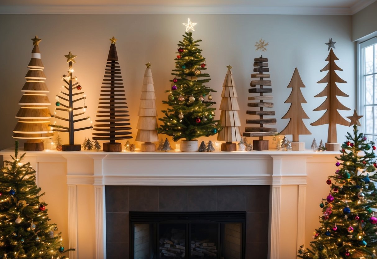 A cozy living room with 18 unique wooden Christmas trees displayed on a mantel, each adorned with twinkling lights and festive ornaments