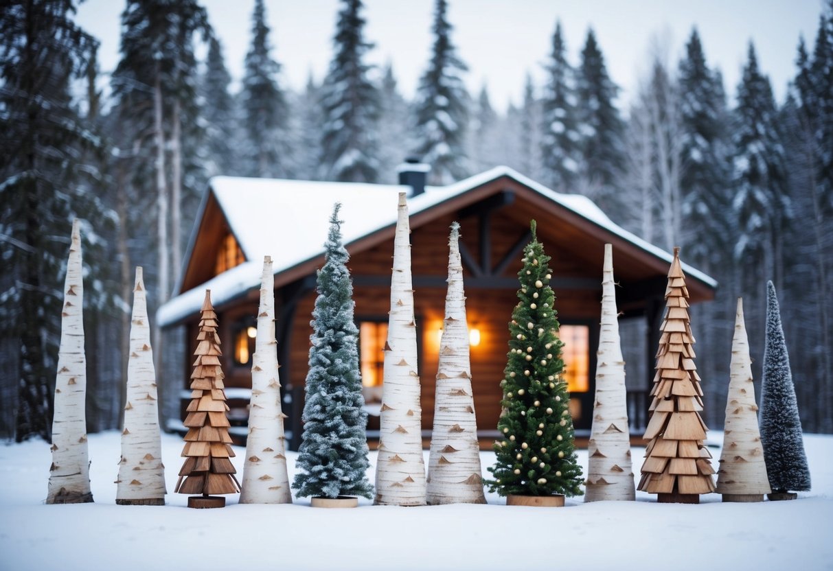 A cozy cabin with 18 birch wood Christmas trees, each uniquely designed, surrounded by a snowy forest