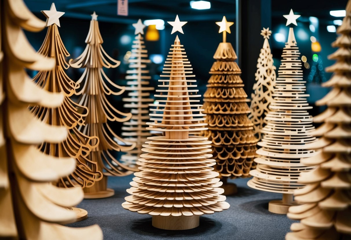 A laser-cut layered wooden Christmas tree stands among 17 other unique tree designs, creating a festive and intricate display