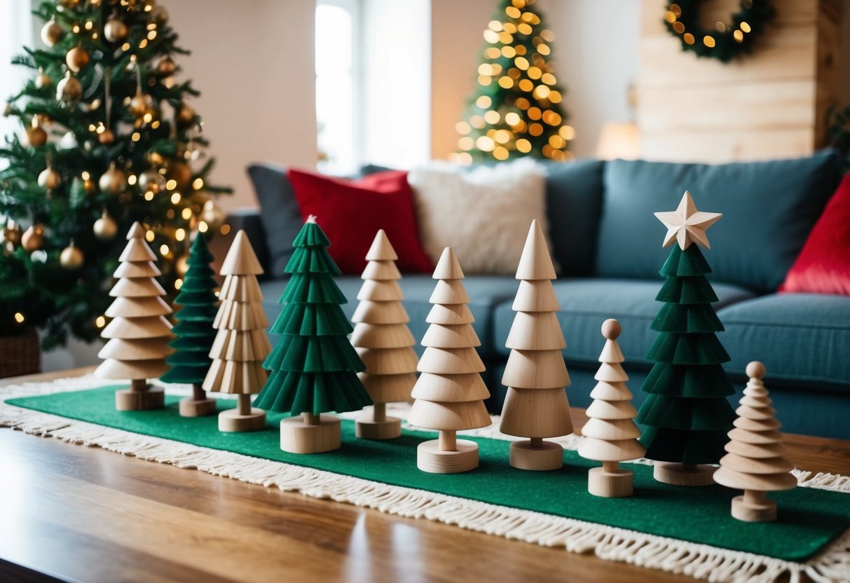 A cozy living room with a variety of wooden Christmas trees arranged on a felt table runner, creating a warm and festive holiday atmosphere