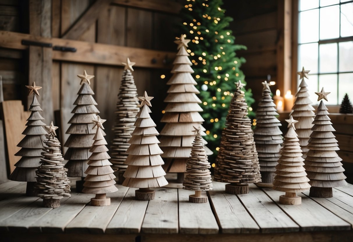 A rustic setting with 18 wooden Christmas trees made from reclaimed barn wood, arranged in a creative and festive display