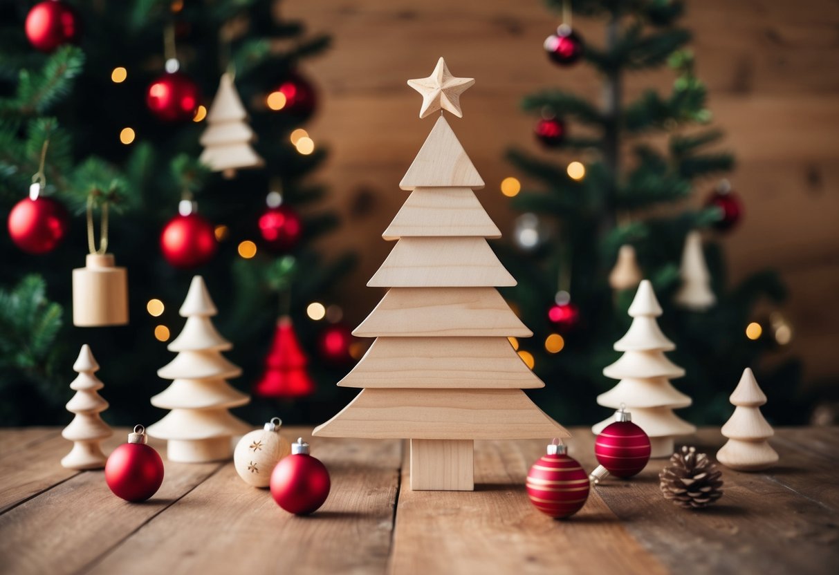 A palette wood Christmas tree surrounded by 18 wooden Christmas tree decorations