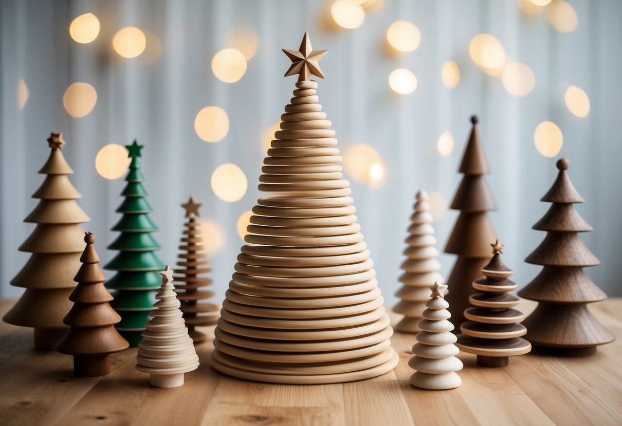 A spiral tree made of stacked wooden rings, surrounded by 17 other unique wooden Christmas tree designs