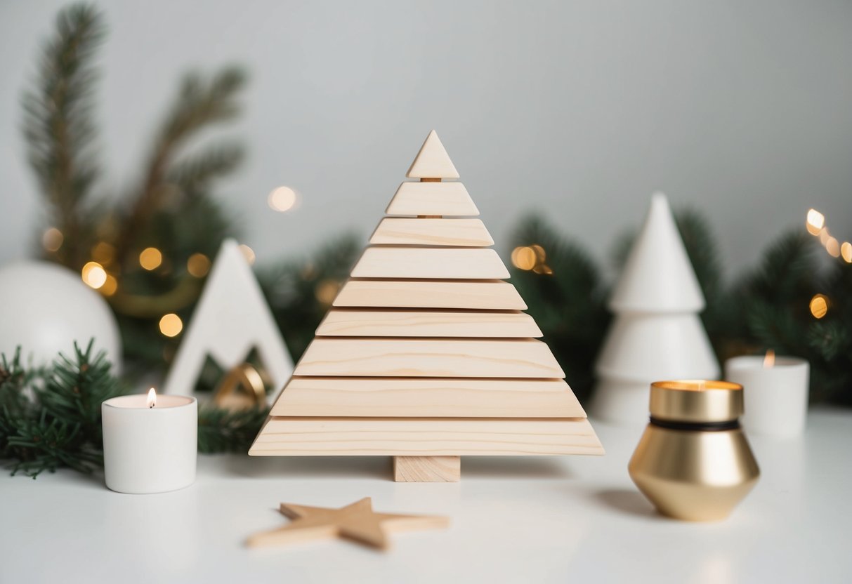 A simple wooden triangle tree surrounded by minimalist decor