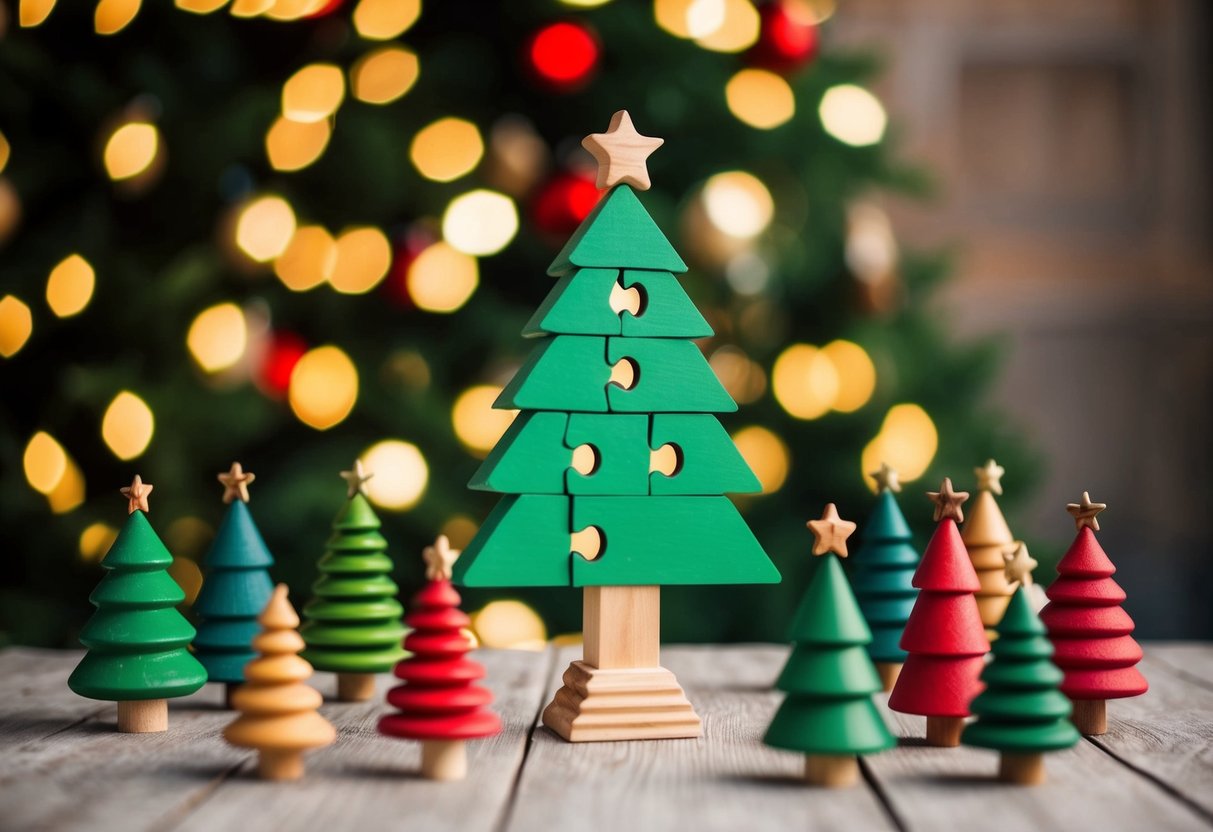 A puzzle tree made of painted wood with 18 smaller wooden Christmas trees surrounding it