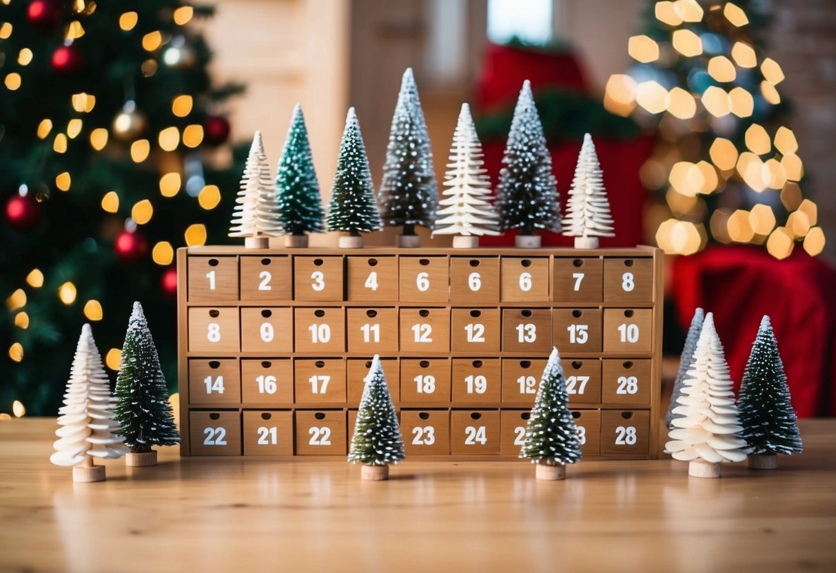 A wooden advent calendar with 18 small wooden Christmas trees arranged in a festive display