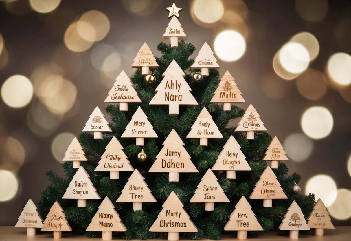 A festive display of 18 wooden Christmas trees, each personalized with a different name, arranged in the shape of a tree