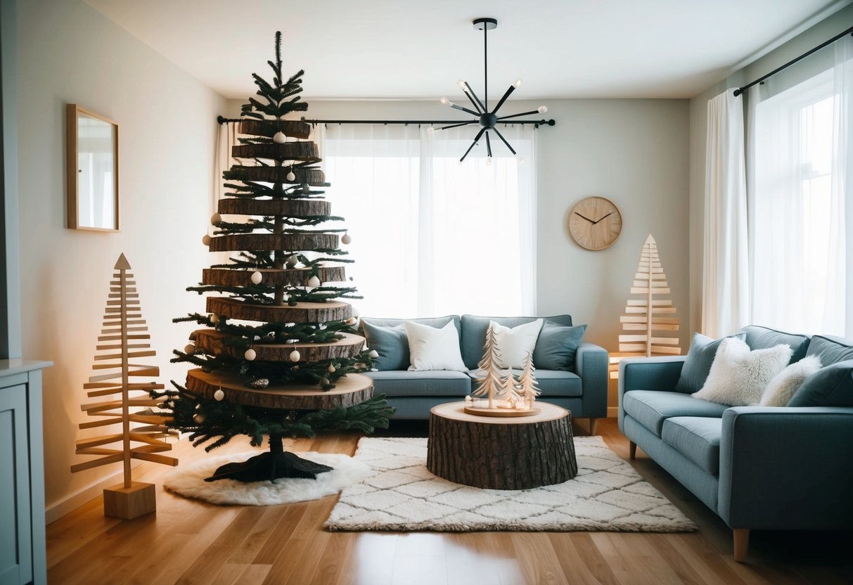 A cozy living room with a large wood slice tree adorned with minimalist Nordic-inspired wooden Christmas trees