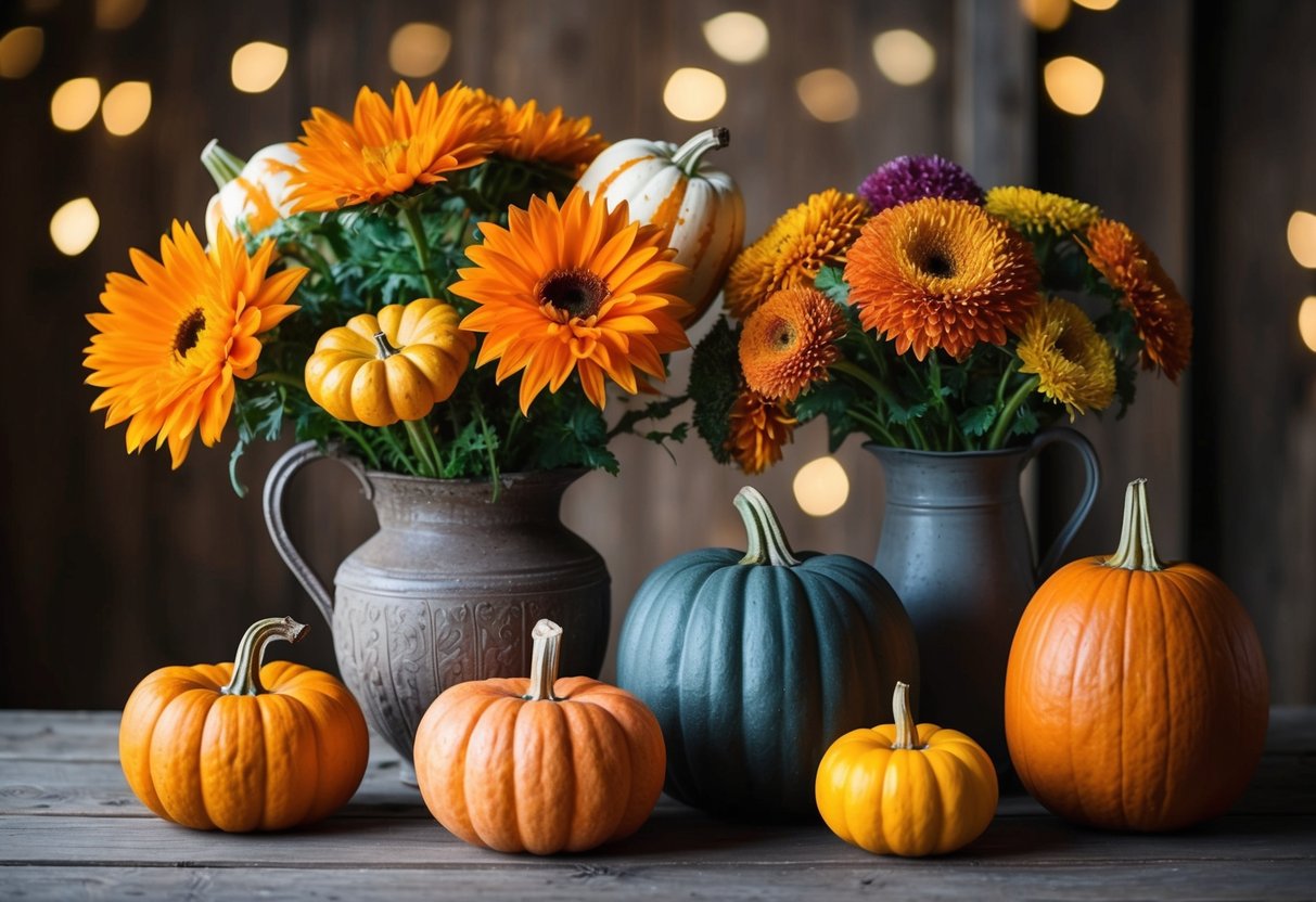 A variety of pumpkin flowers in different shapes and colors arranged in a rustic vase