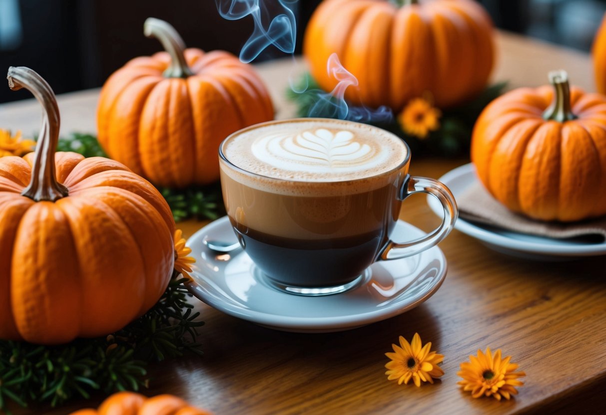 A cozy cafe table with a steaming pumpkin spice latte surrounded by vibrant pumpkin flowers