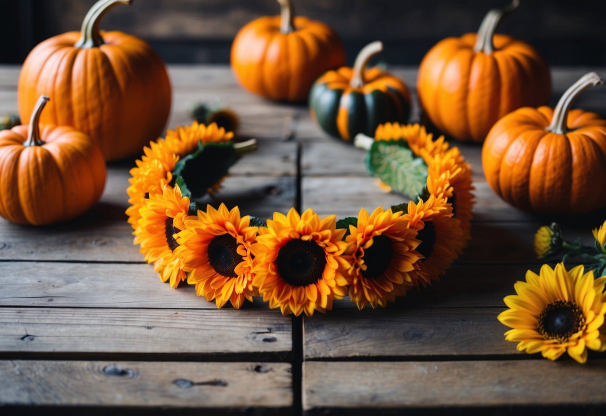 A pumpkin flower crown sits on a rustic wooden table surrounded by various pumpkin flower arrangements