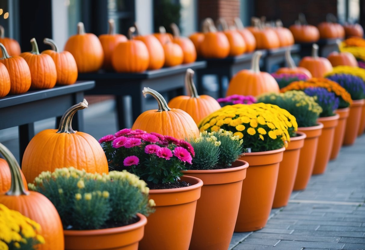 A row of pumpkin pot planters arranged with colorful flowers, creating a vibrant and festive display