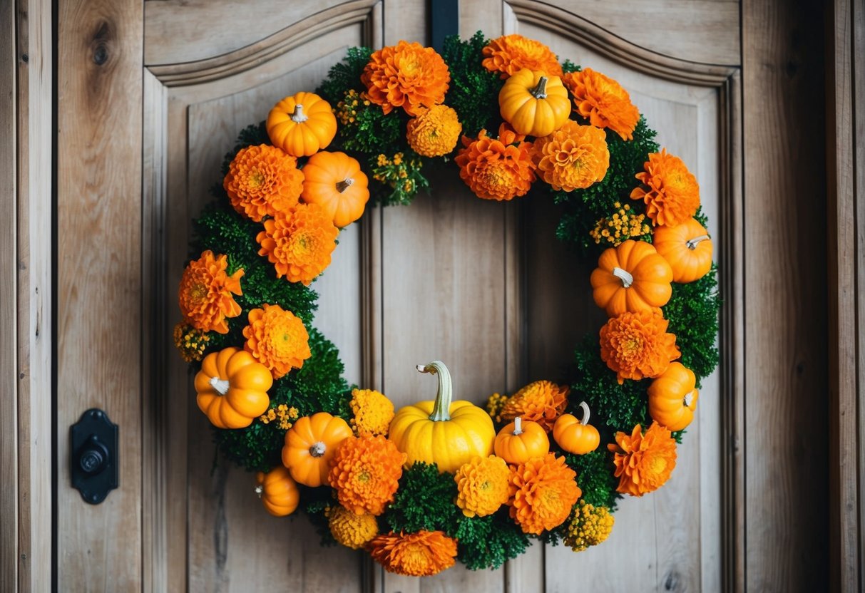 A vibrant wreath made of marigolds and pumpkins, with a mix of orange, yellow, and green colors, hanging on a rustic wooden door