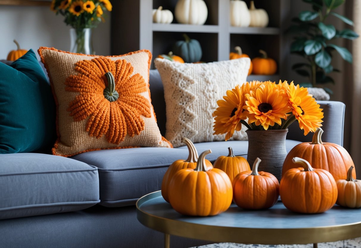 A cozy living room with a hand-stitched pumpkin blossom pillow on a plush sofa, surrounded by 15 different pumpkin flower ideas displayed on a table