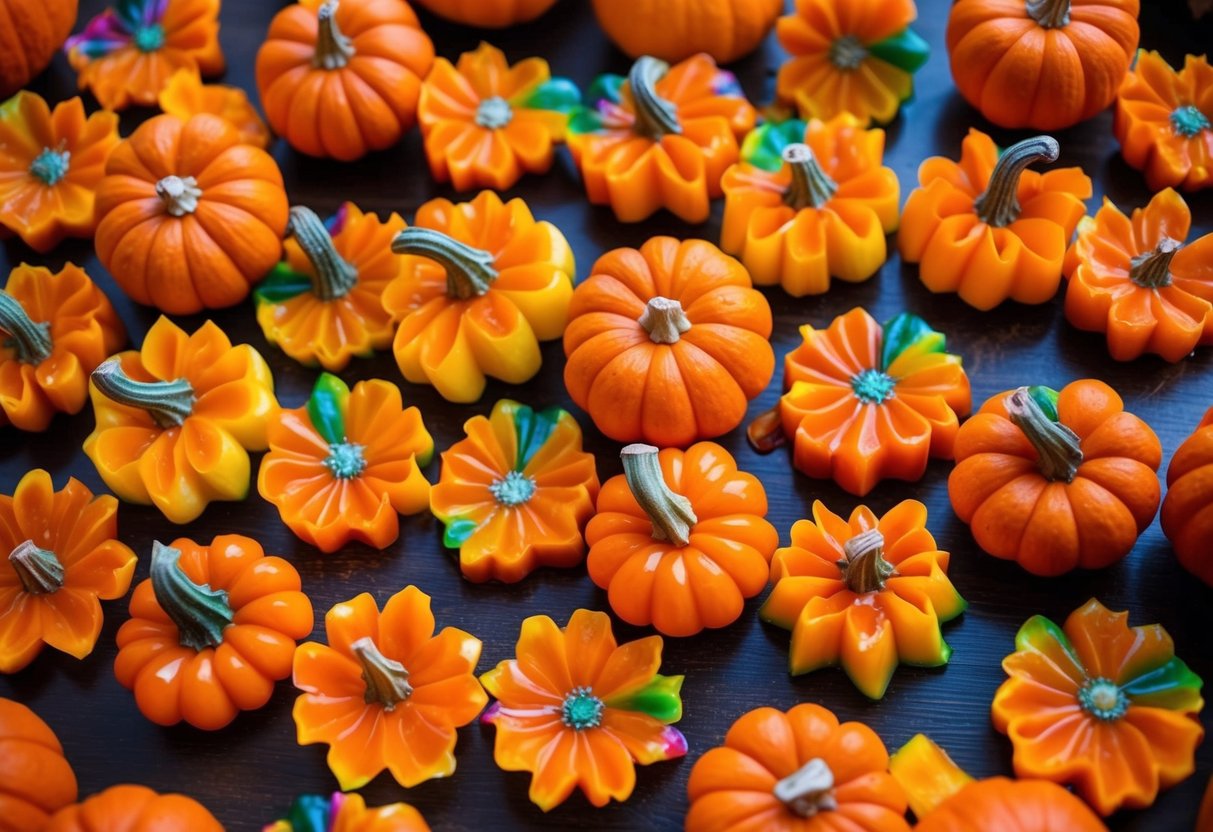 A colorful array of candied pumpkin flower petals arranged in a decorative pattern