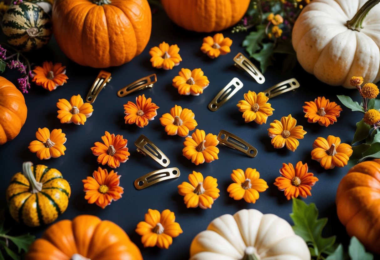 A table scattered with pumpkin blossom hair clips, surrounded by various pumpkin flowers and foliage