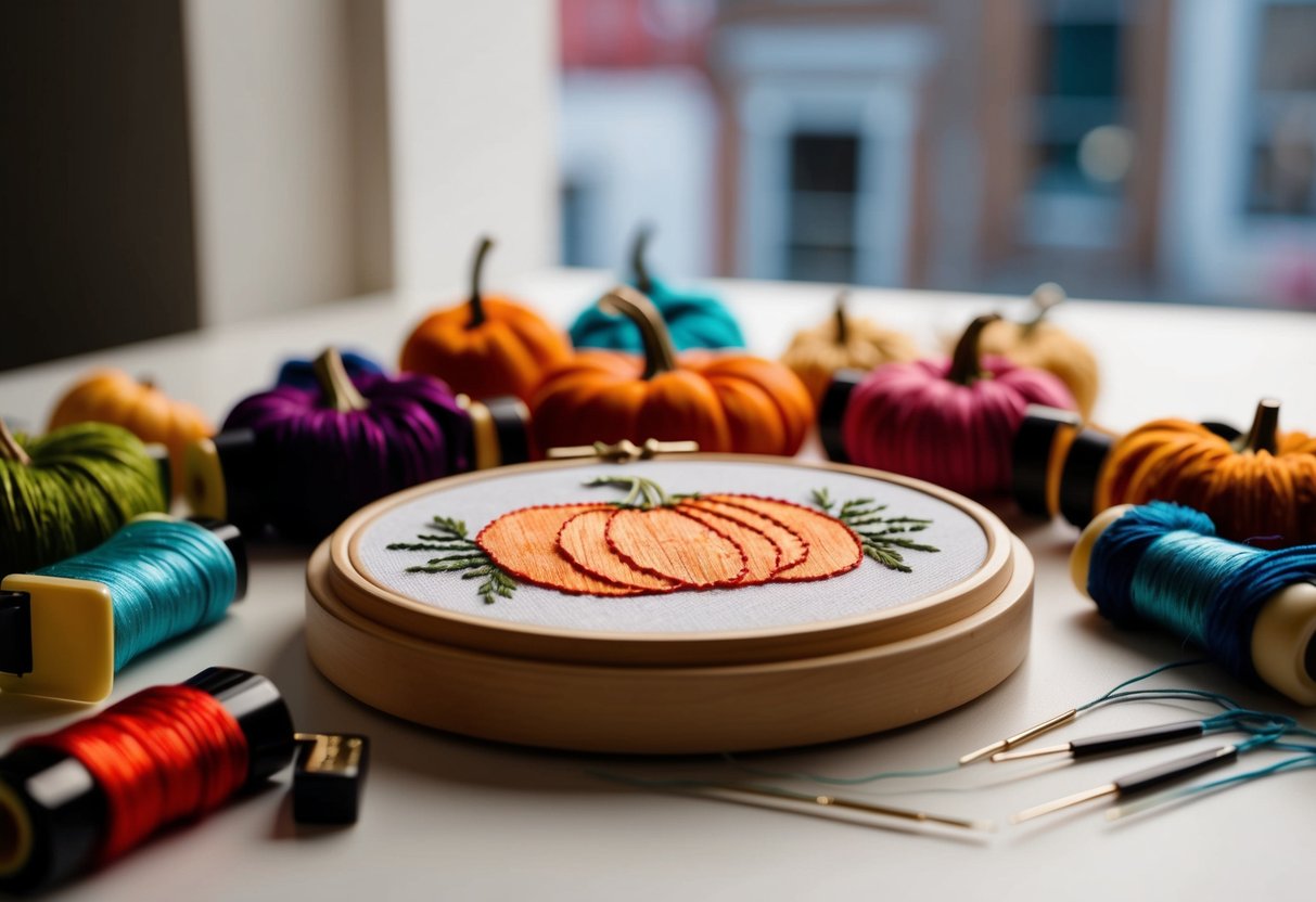 A table with an embroidery hoop holding pumpkin flower designs, surrounded by colorful threads and needles