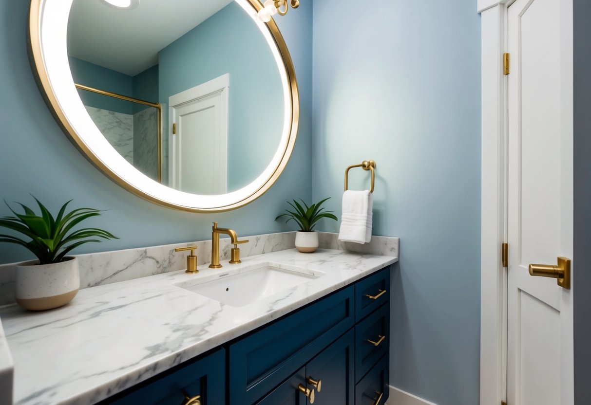 A modern powder room with marble countertops, gold fixtures, and a large round mirror above the sink. A potted plant sits on the counter, and the walls are painted a soft blue