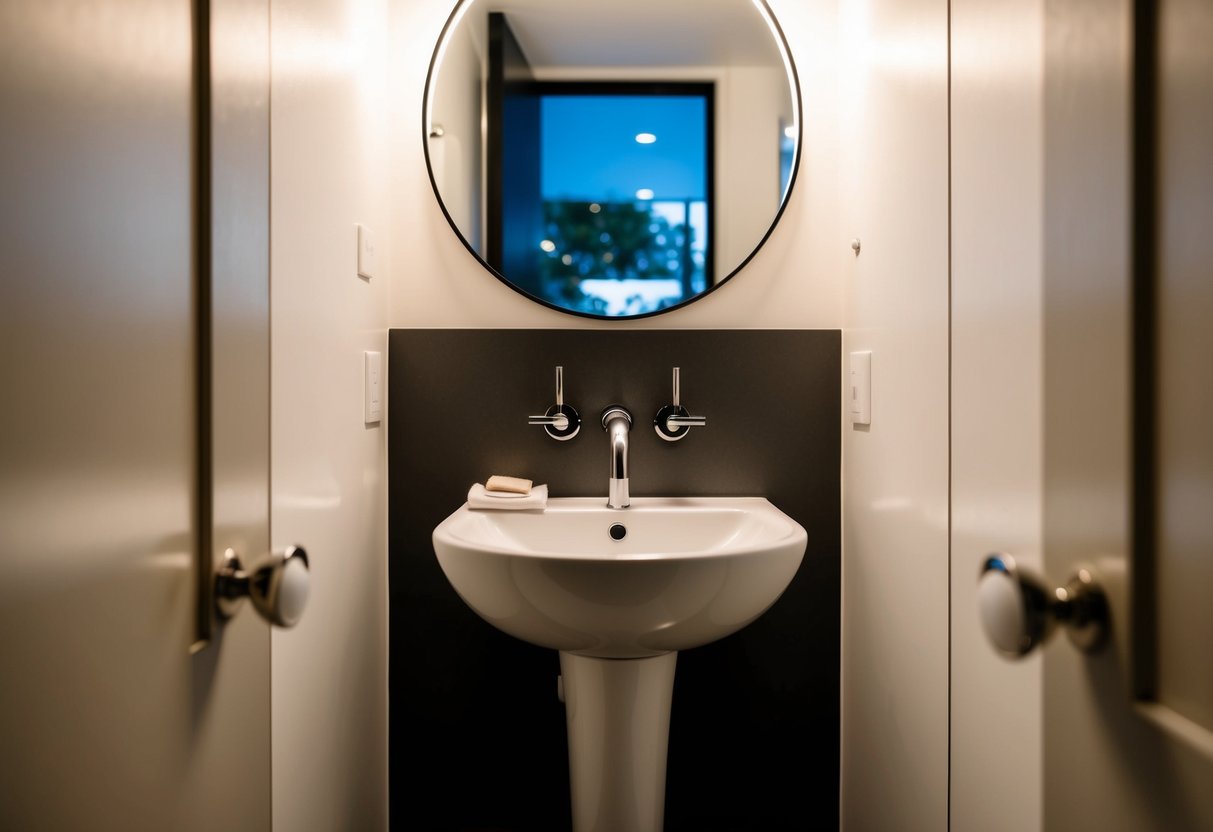 A small powder room with a sleek, compact pedestal sink. Minimalist decor and soft lighting create a cozy ambiance