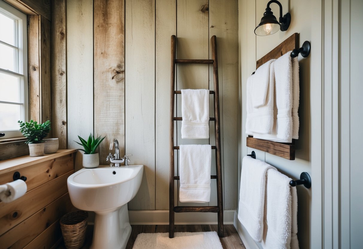 A rustic ladder towel rack stands against a weathered wooden wall in a cozy powder room, adorned with fluffy towels and a small potted plant