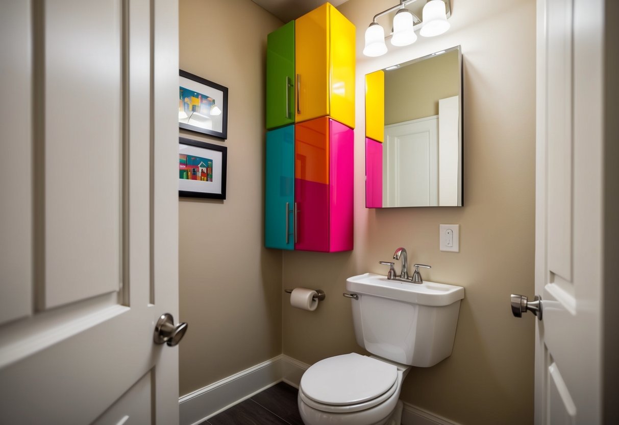 A small powder room with a bold color pop cabinet as the focal point. Bright, eye-catching colors stand out against a neutral background