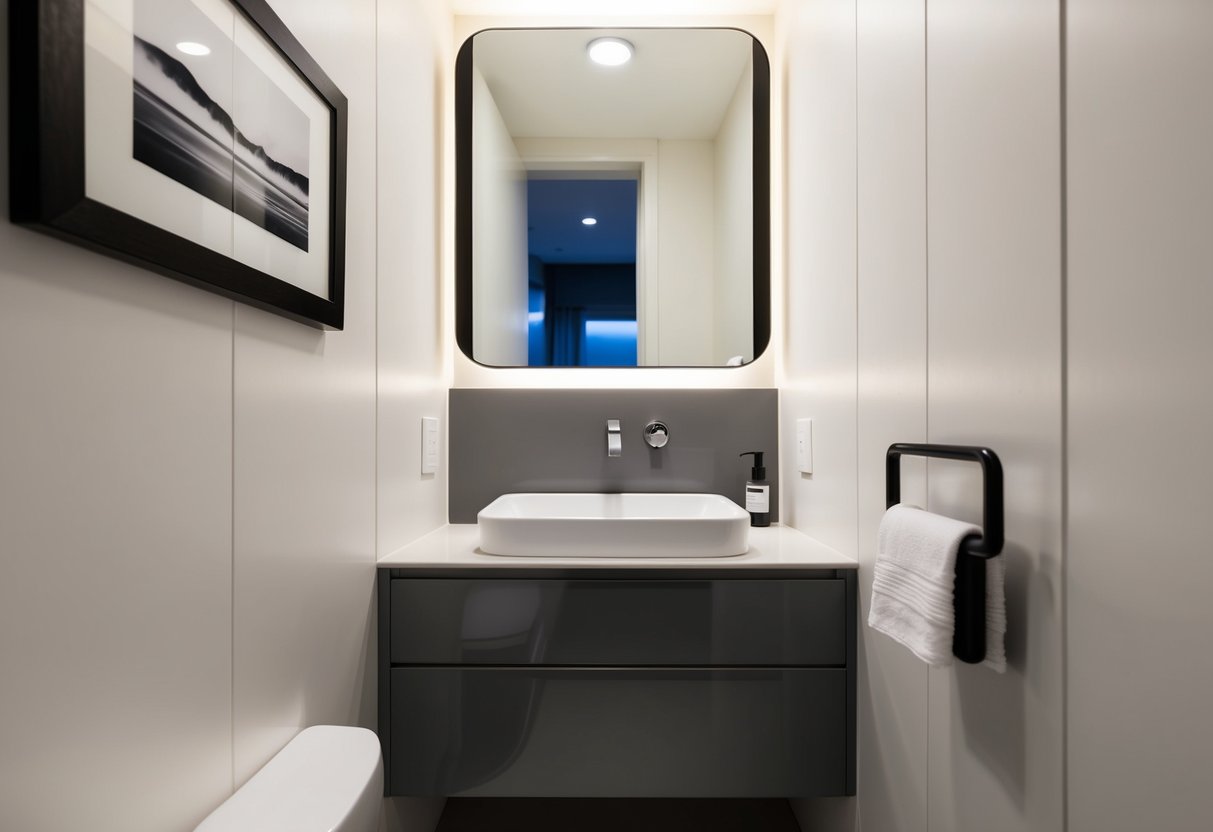 A small powder room with sleek, wall-mounted storage, a modern sink, and minimalistic decor