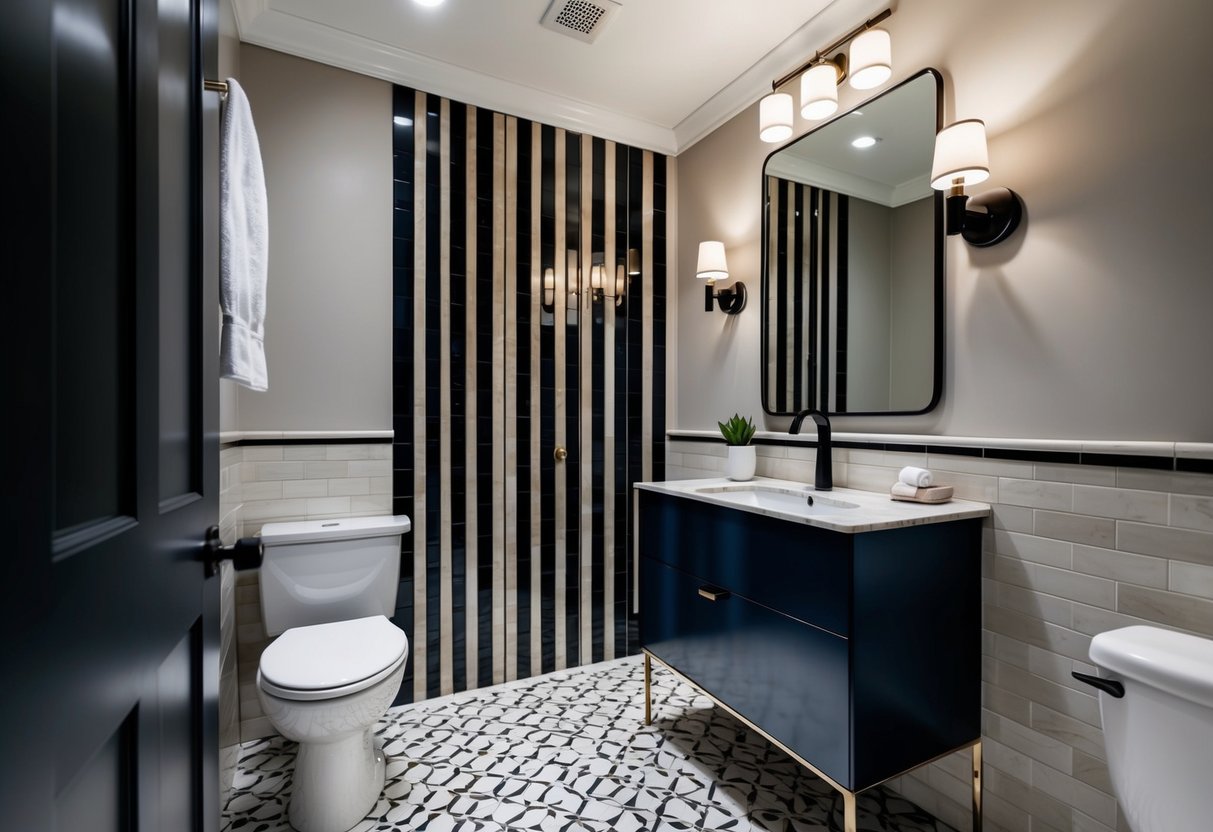 A powder room with chic tiled flooring, featuring a modern sink and mirror, with a sleek faucet and stylish light fixtures