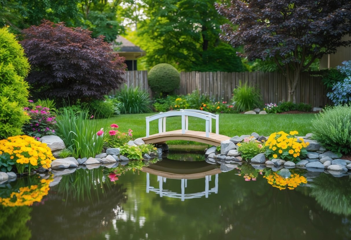 A serene backyard pond surrounded by lush greenery and colorful flowers, with a small bridge crossing over the tranquil water